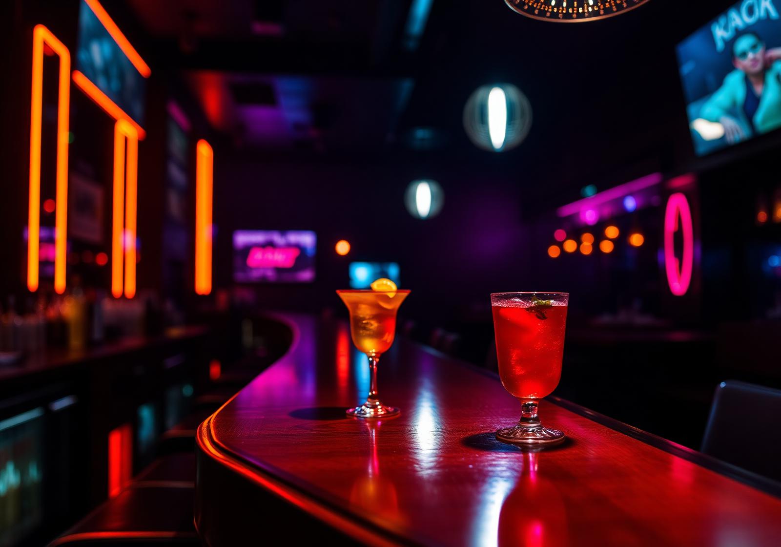 Neon-lit bar with cocktails